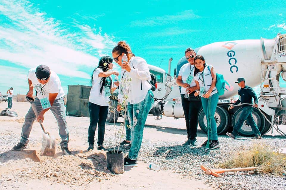 people planting trees in front of a GCC ready mix truck